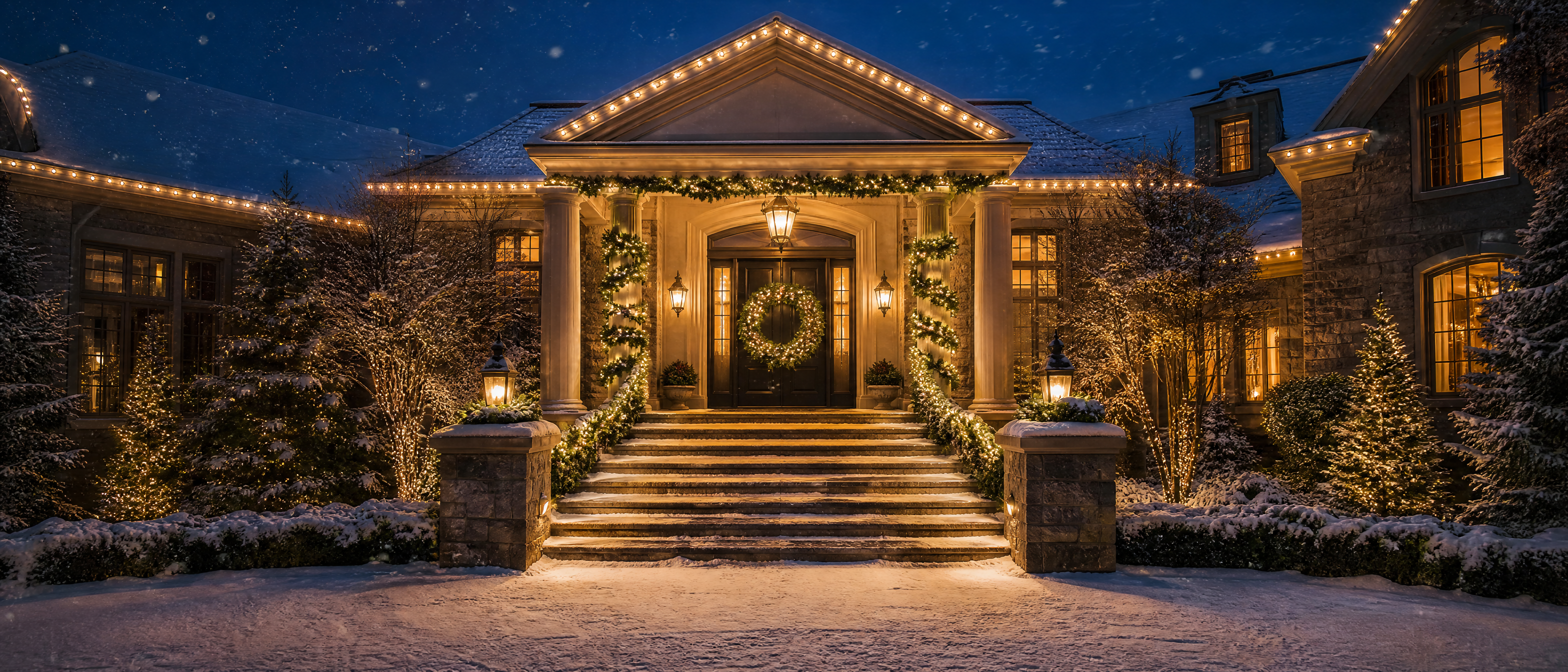 Grand garland-wrapped entry glowing at dusk